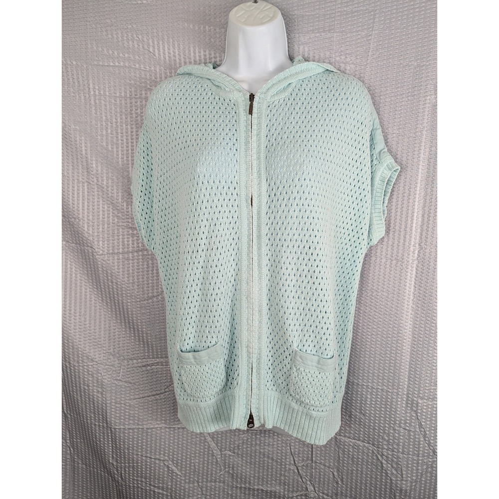 Eddie Bauer Womens XL Mint Aqua Linen Cotton Open Knit Hooded Zip Front Sweater